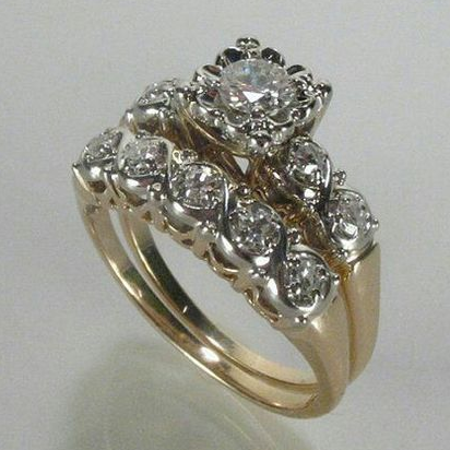 Women's Stacked Wedding Ring Set Gold Engagement Round Cut Halo Pave - Image 1