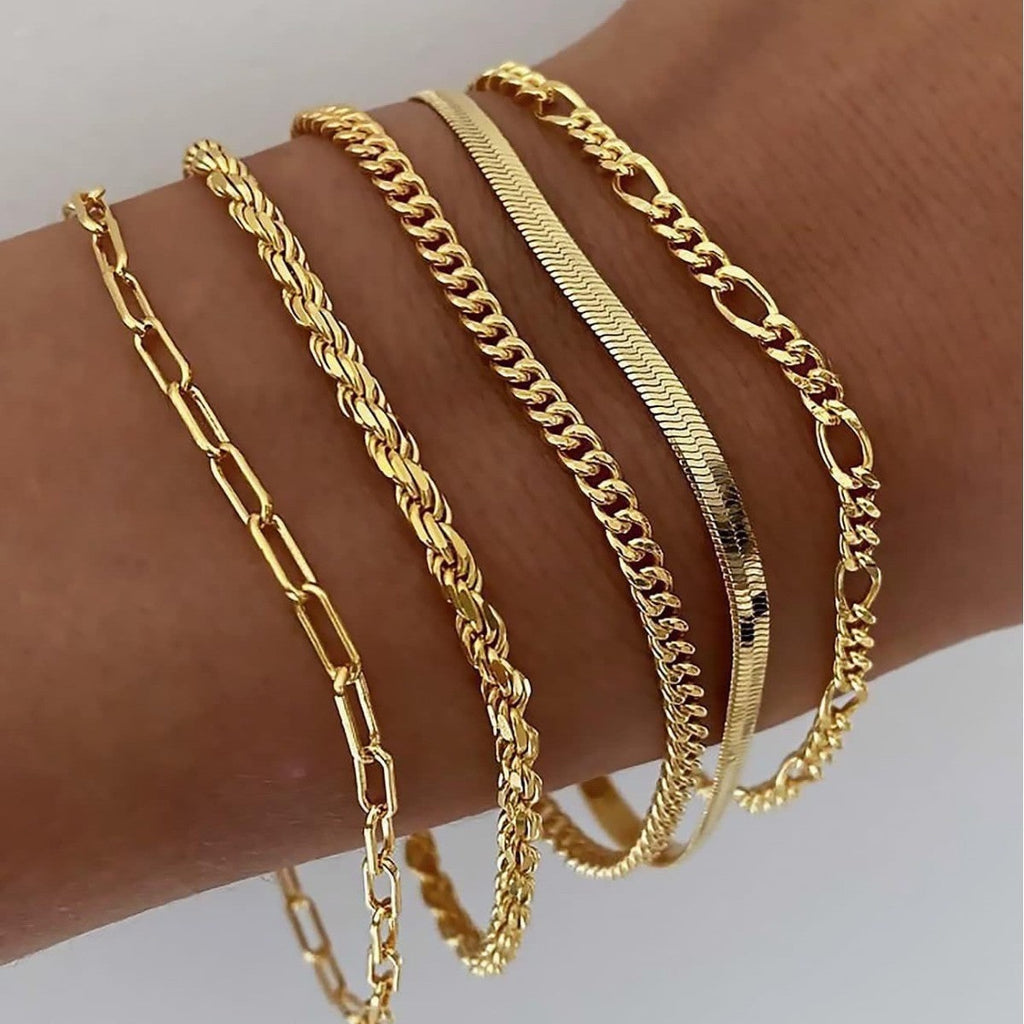 Women's Stacking Chain Bracelet Set Herringbone Paperclip Rope Figaro - Image 1
