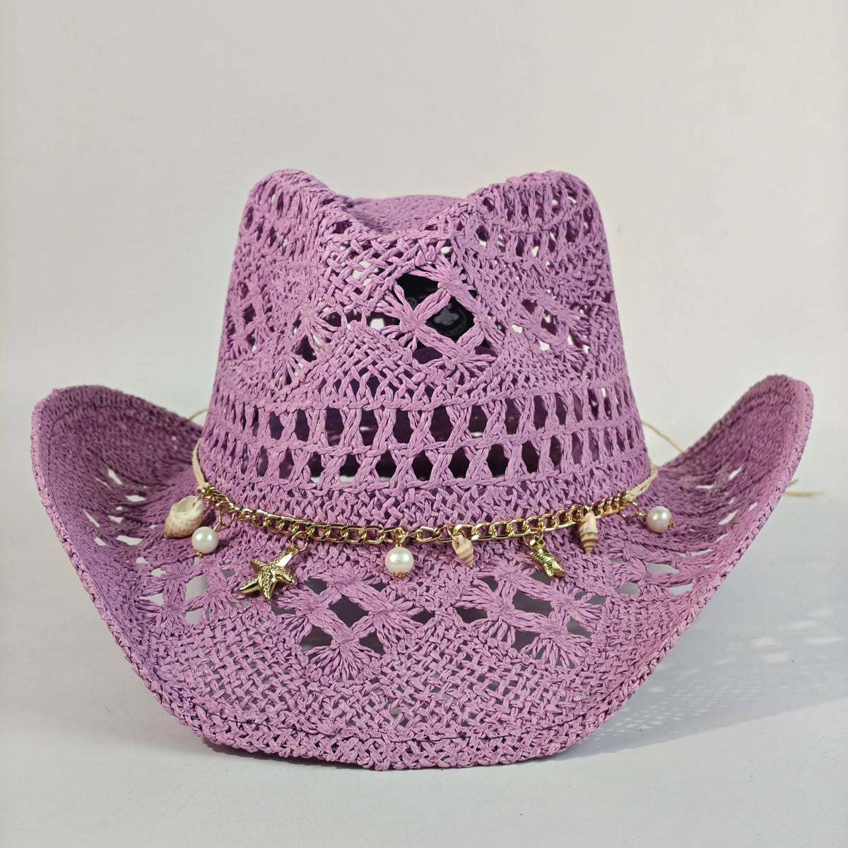 Women's Straw Cowboy Hat and Cowgirl with Open-Knit Charm Band and Starfish Details - Image 1