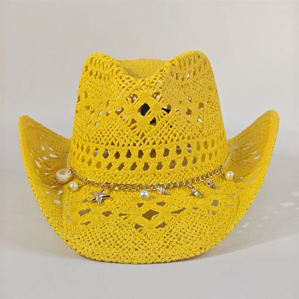 Women's Straw Cowboy Hat and Cowgirl with Open-Knit Charm Band and Starfish Details - Image 2