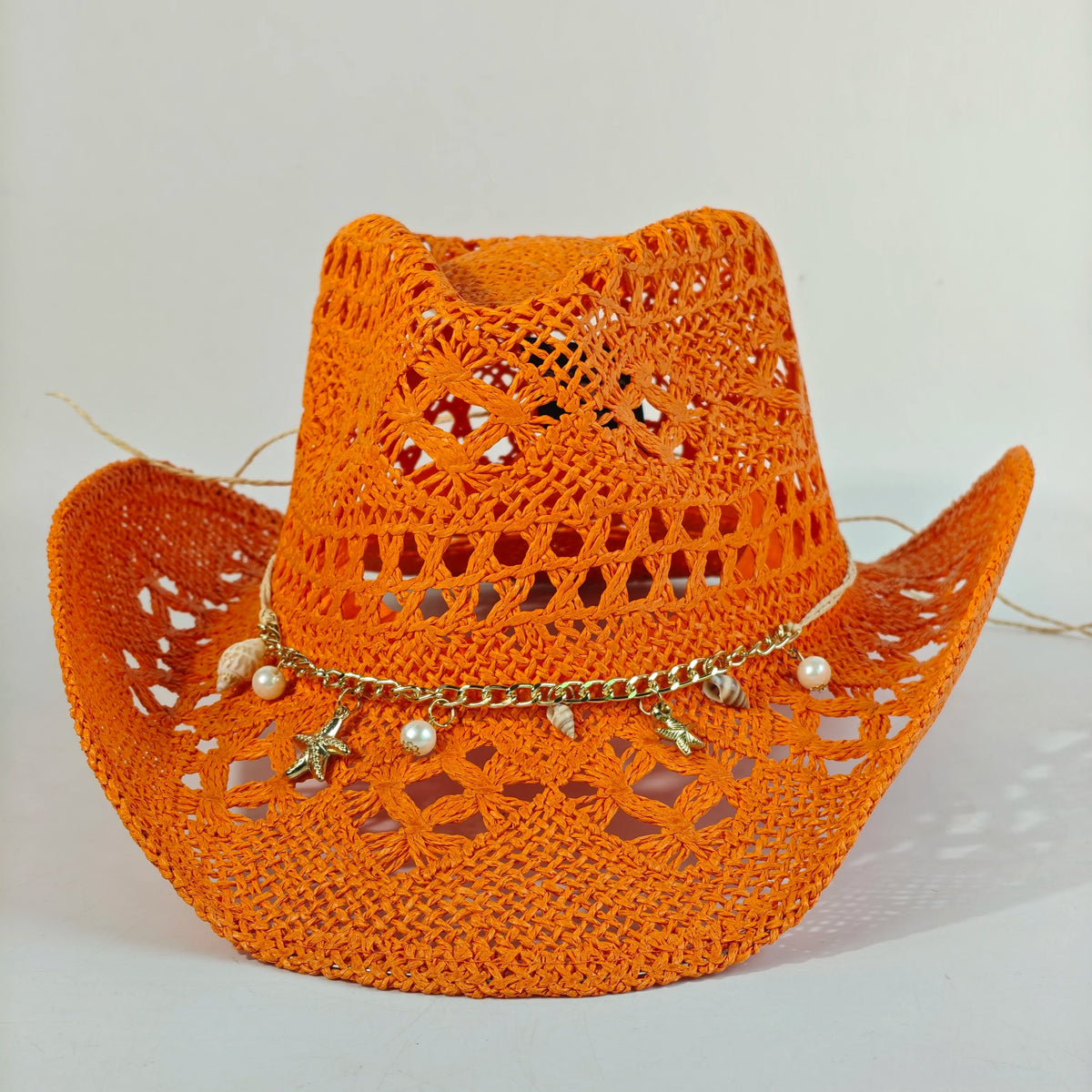 Women's Straw Cowboy Hat and Cowgirl with Open-Knit Charm Band and Starfish Details - Image 3