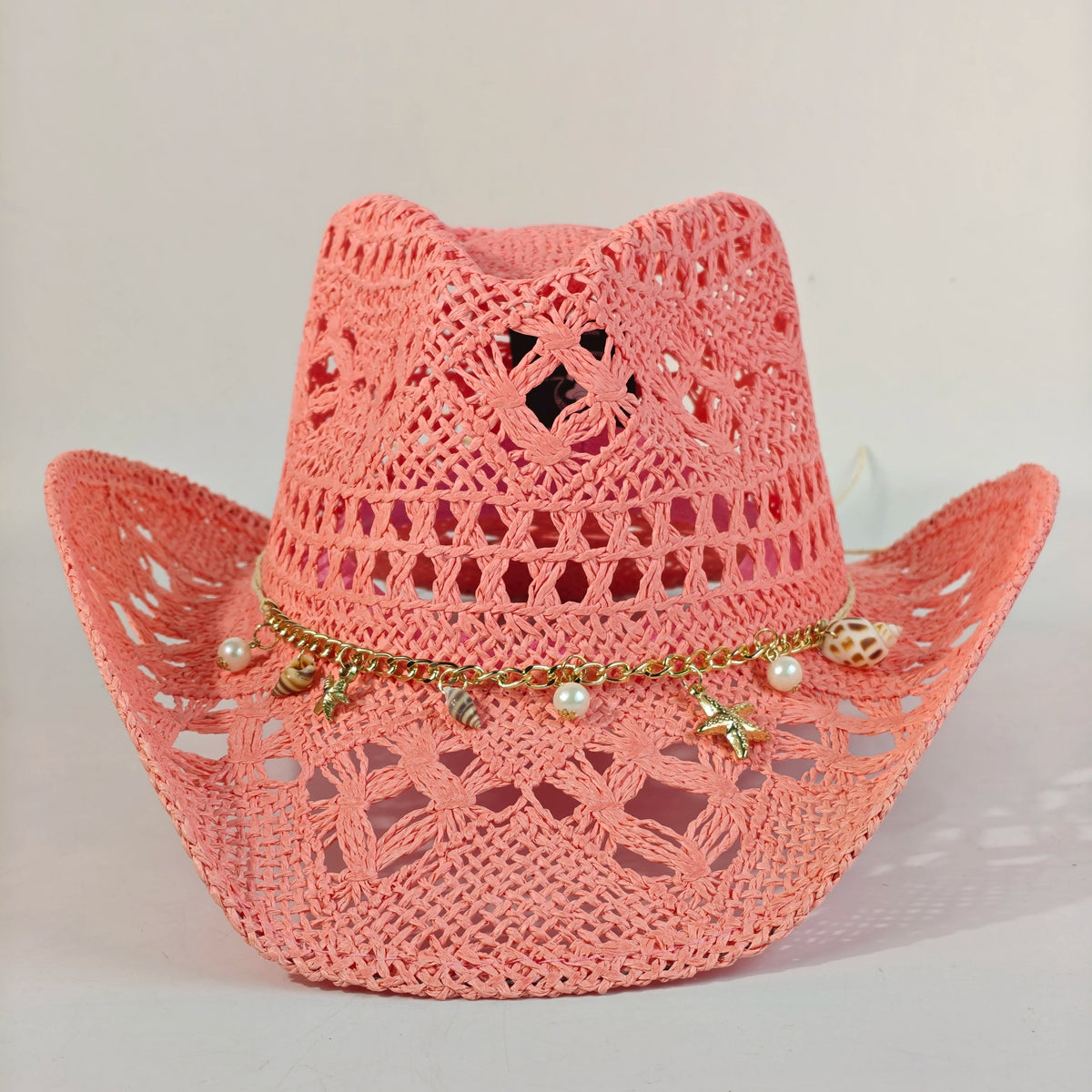 Women's Straw Cowboy Hat and Cowgirl with Open-Knit Charm Band and Starfish Details - Image 4