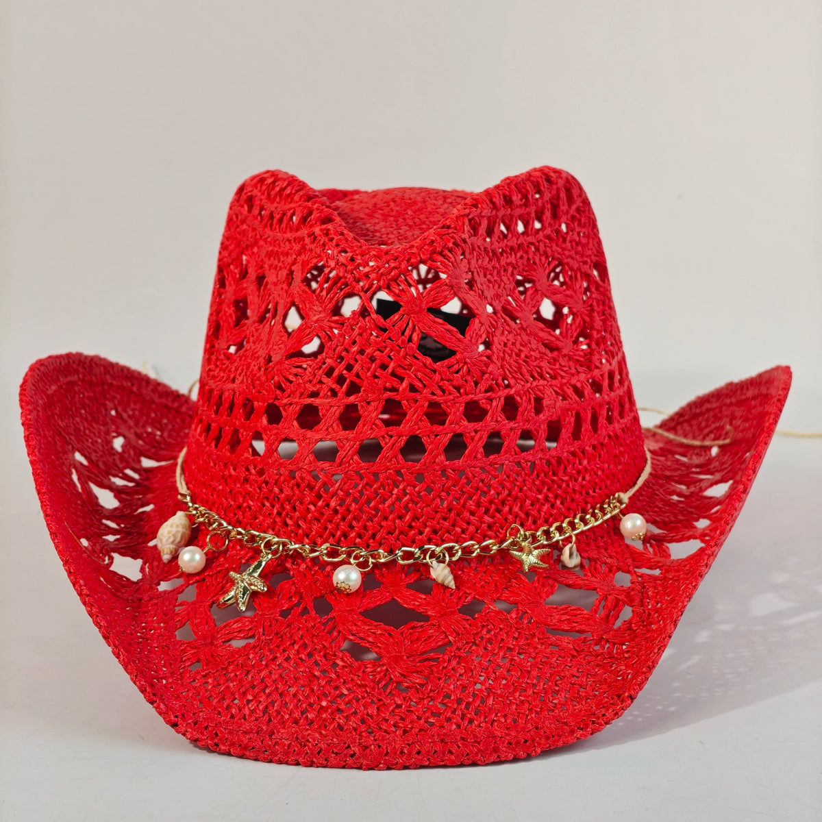 Women's Straw Cowboy Hat and Cowgirl with Open-Knit Charm Band and Starfish Details - Image 5