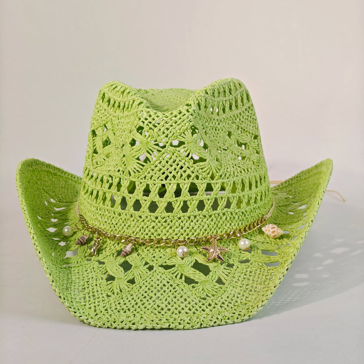 Women's Straw Cowboy Hat and Cowgirl with Open-Knit Charm Band and Starfish Details - Image 6