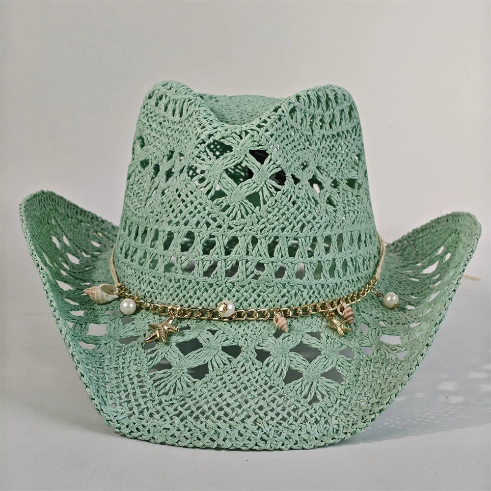 Women's Straw Cowboy Hat and Cowgirl with Open-Knit Charm Band and Starfish Details - Image 7