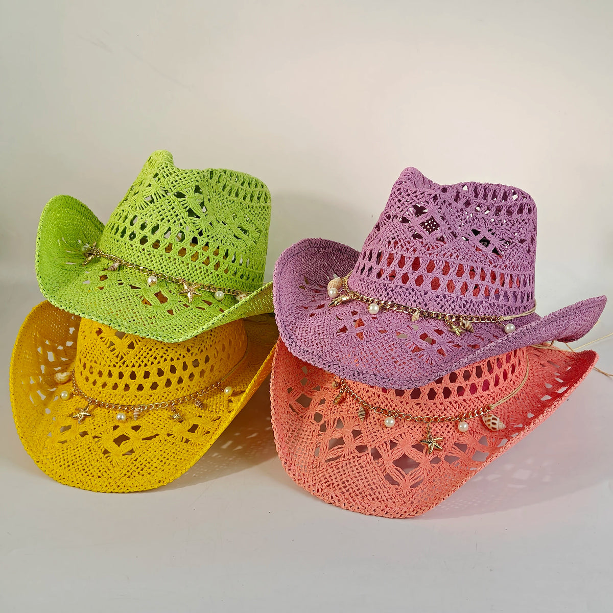 Women's Straw Cowboy Hat and Cowgirl with Open-Knit Charm Band and Starfish Details - Image 8