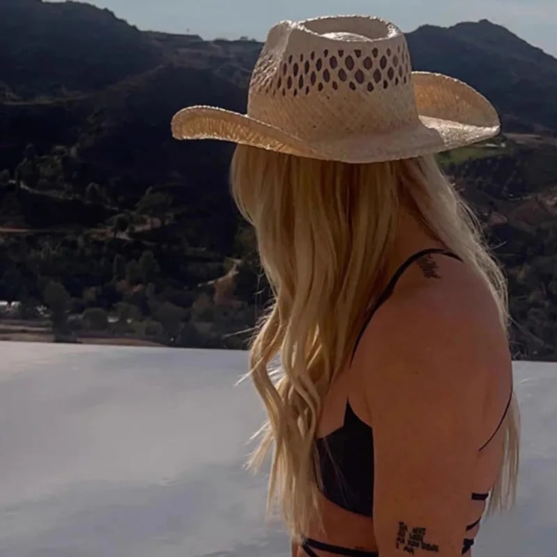 Women's Straw Cowboy Hat with Wide Brim and Open Weave Crown - Image 4