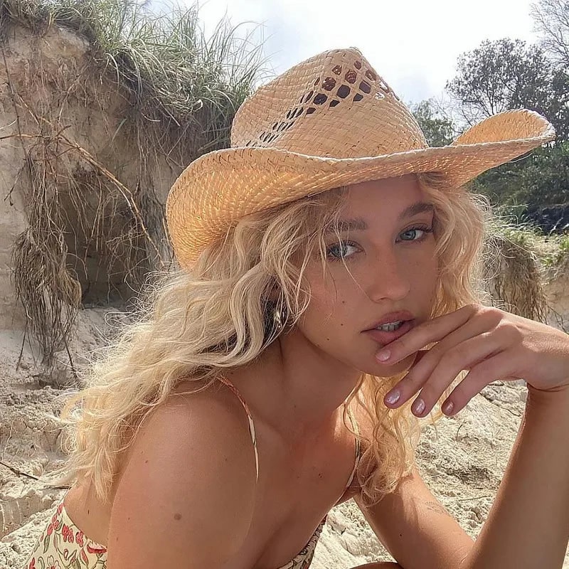 Women's Straw Cowboy Hat with Wide Brim and Open Weave Crown - Image 5