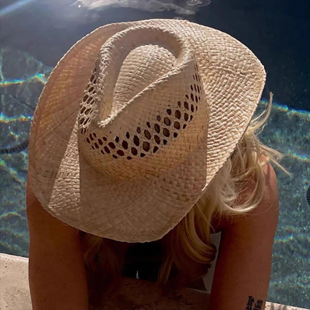 Women's Straw Cowboy Hat with Wide Brim and Open Weave Crown - Image 6