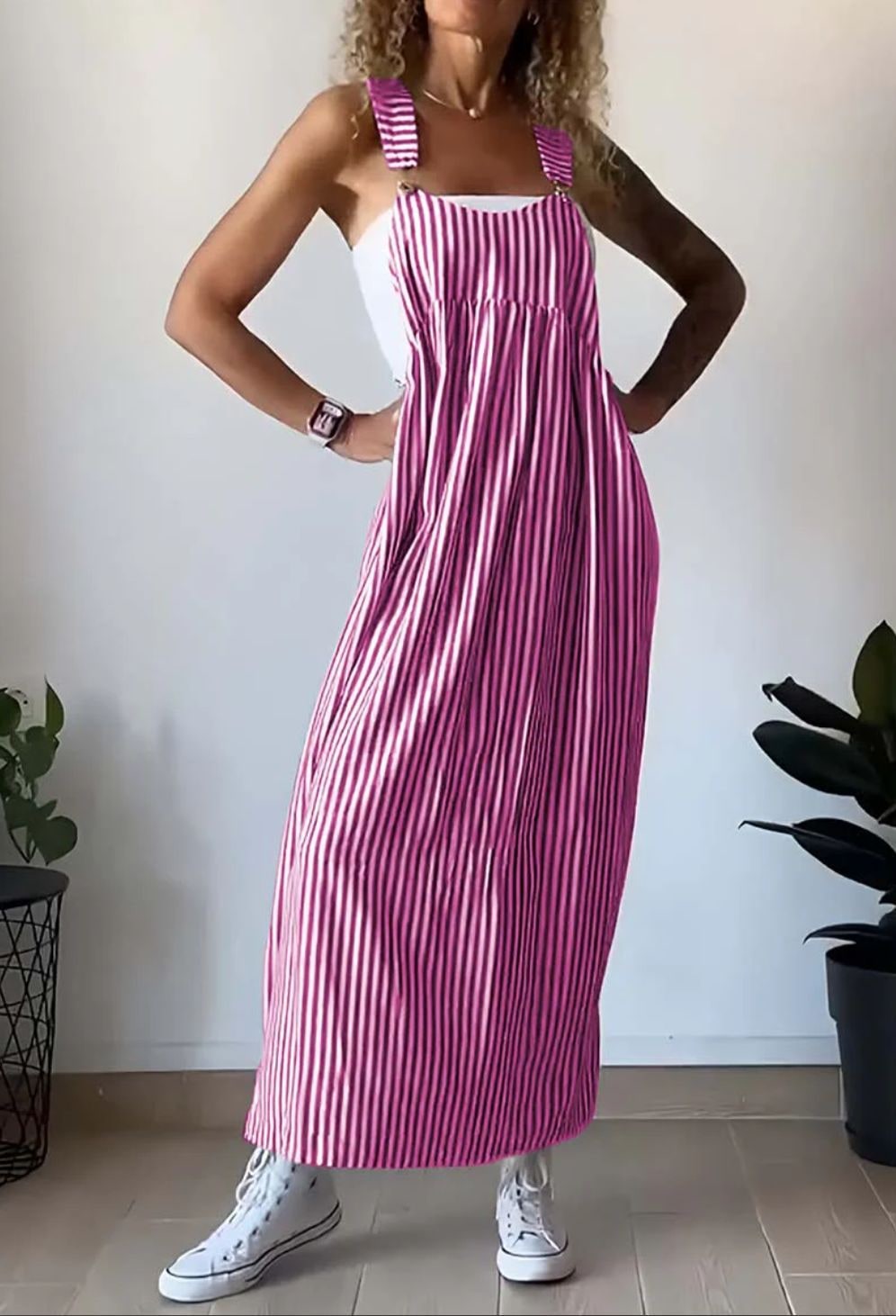 Women's Striped Sleeveless Pinafore Maxi Dress Overall | Wide Strap - Image 1
