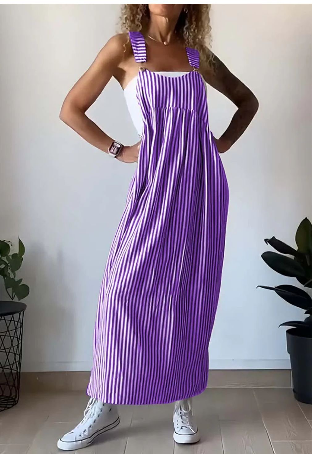 Women's Striped Sleeveless Pinafore Maxi Dress Overall | Wide Strap - Image 2