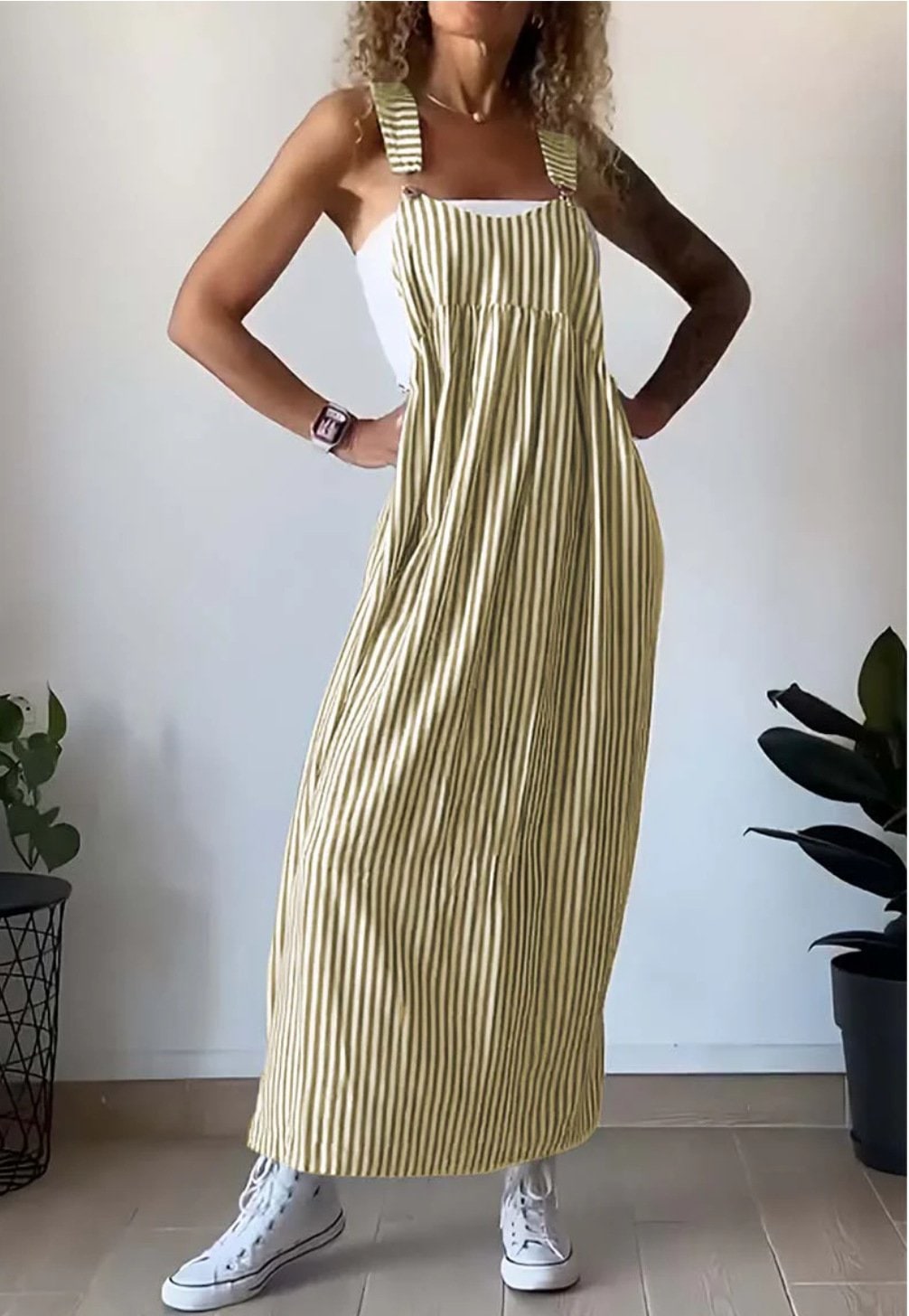 Women's Striped Sleeveless Pinafore Maxi Dress Overall | Wide Strap - Image 4