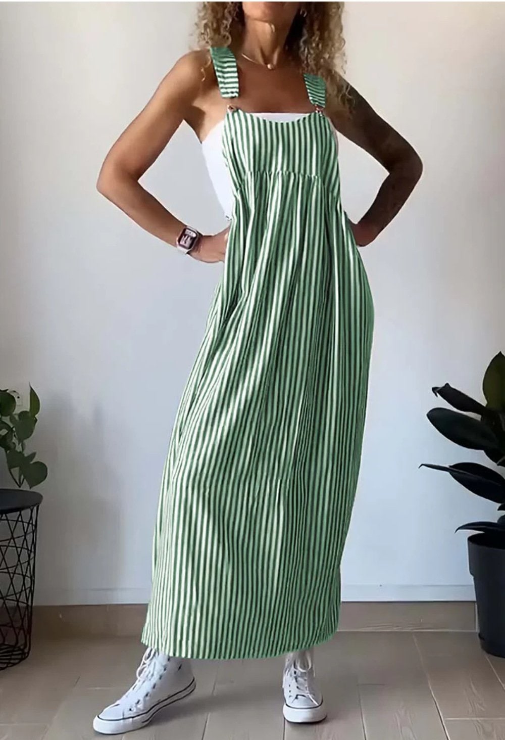 Women's Striped Sleeveless Pinafore Maxi Dress Overall | Wide Strap - Image 5