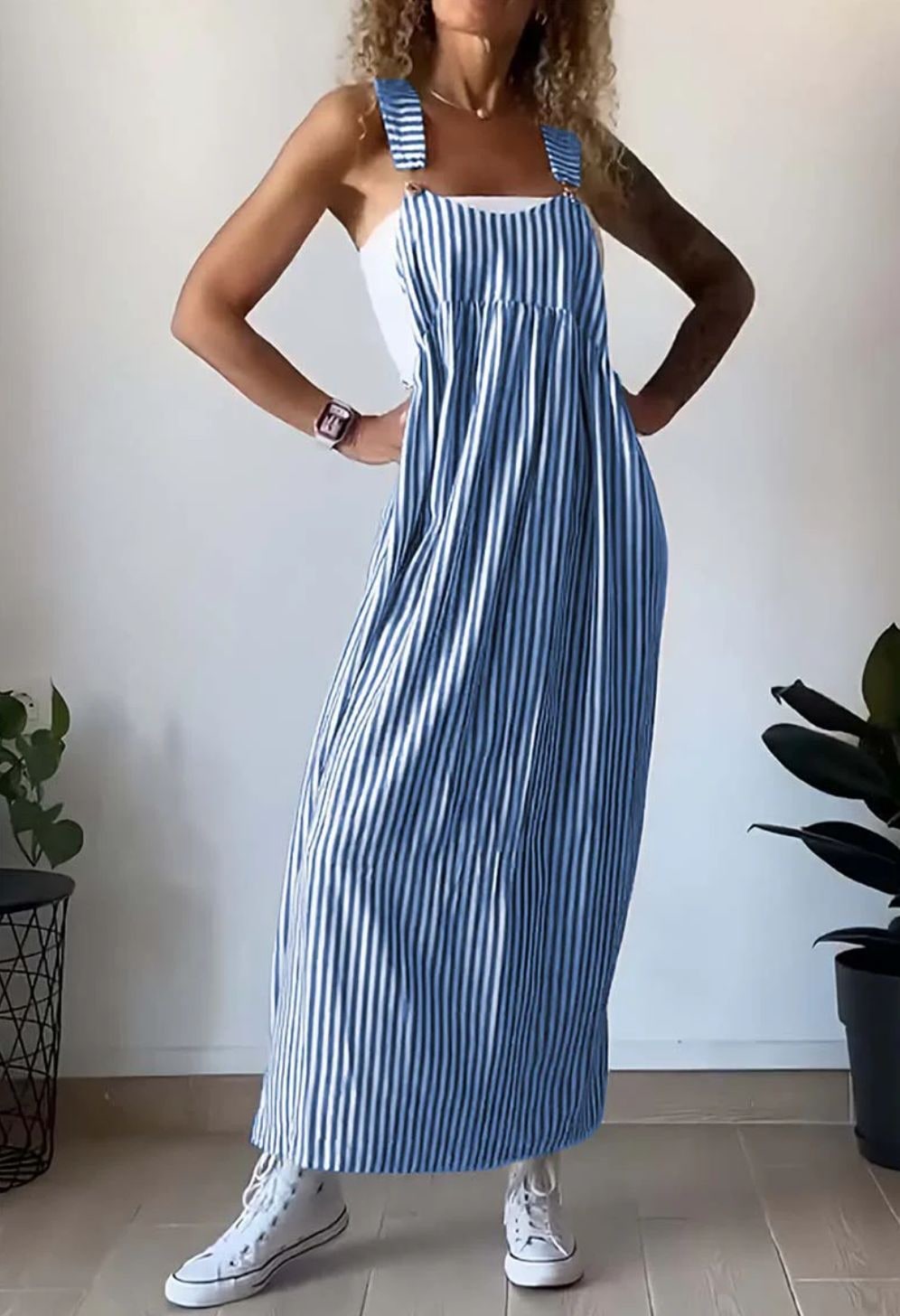 Women's Striped Sleeveless Pinafore Maxi Dress Overall | Wide Strap - Image 6