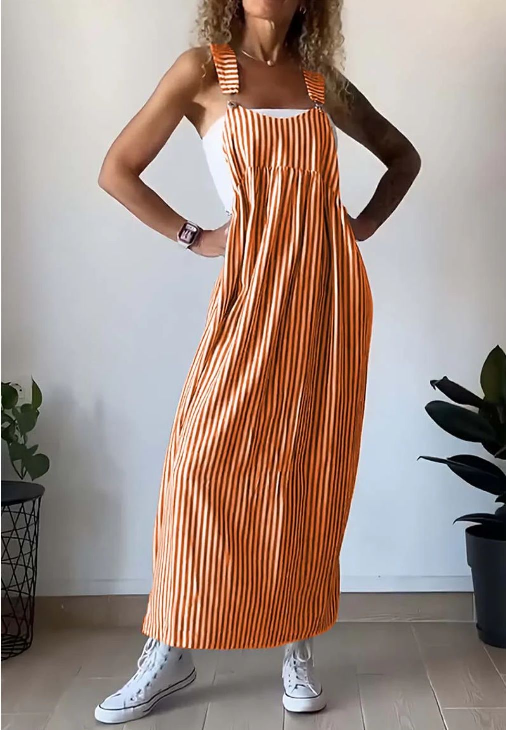 Women's Striped Sleeveless Pinafore Maxi Dress Overall | Wide Strap - Image 7