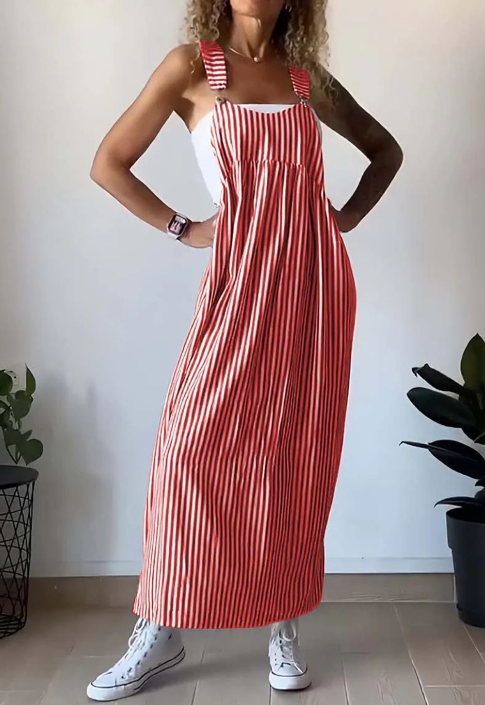 Women's Striped Sleeveless Pinafore Maxi Dress Overall | Wide Strap - Image 8