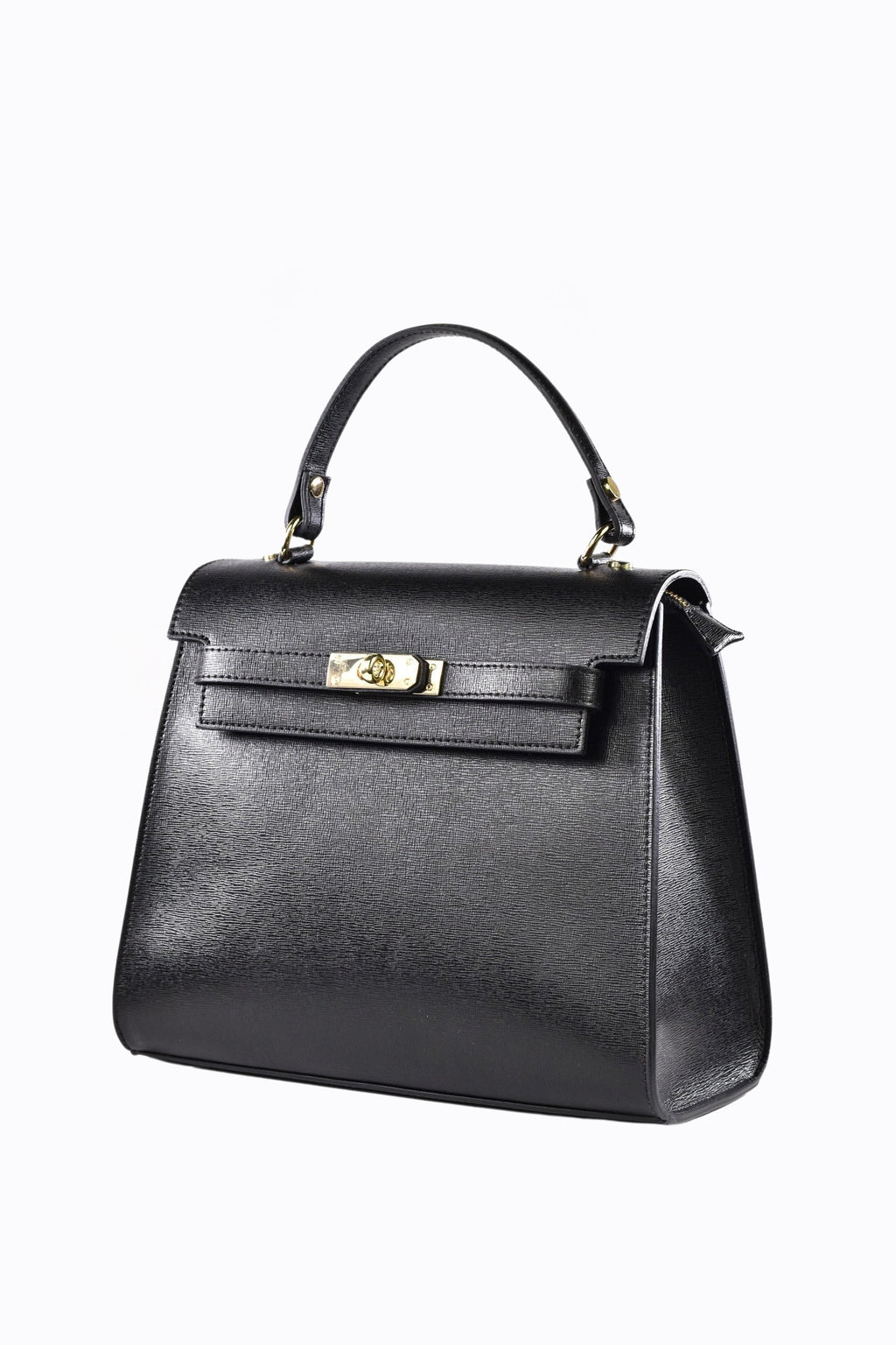 Women's Structured Leather Bag Top Handle with Gold-Tone Hardware and Fold-Over Flap - Image 2