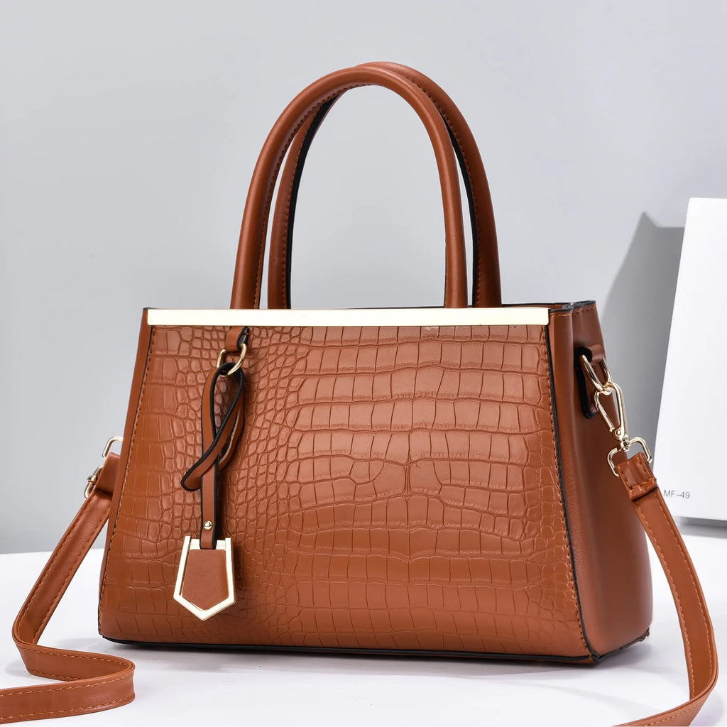 Women's Structured Satchel Handbag with Croc-Embossed Leather and Gold Hardware - Image 1