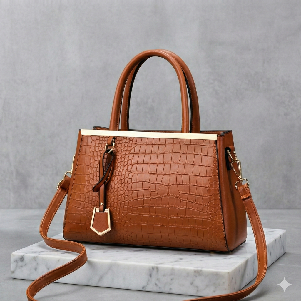 Women's Structured Satchel Handbag with Croc-Embossed Leather and Gold Hardware - Image 2