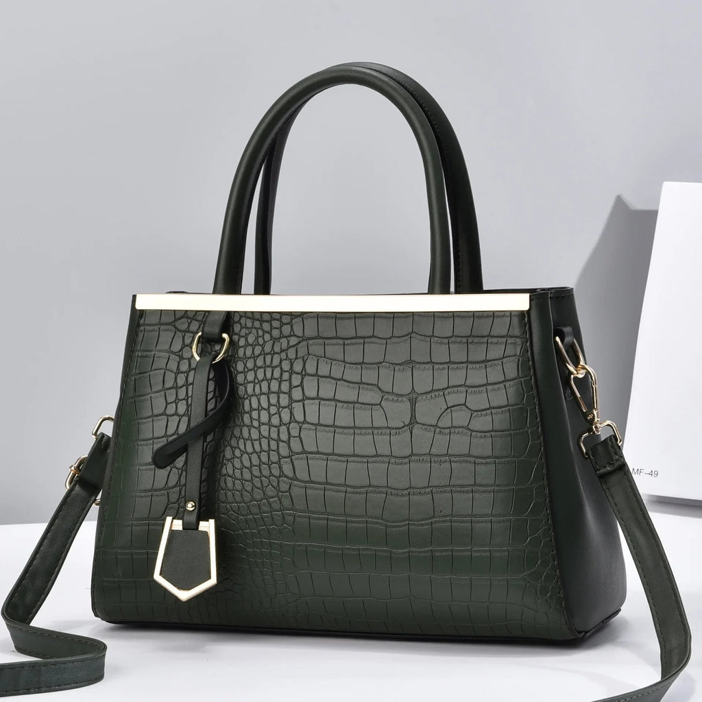 Women's Structured Satchel Handbag with Croc-Embossed Leather and Gold Hardware - Image 3