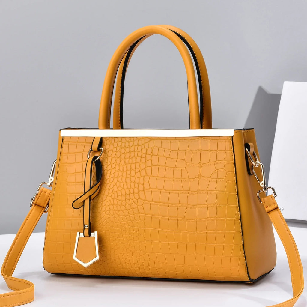 Women's Structured Satchel Handbag with Croc-Embossed Leather and Gold Hardware - Image 4