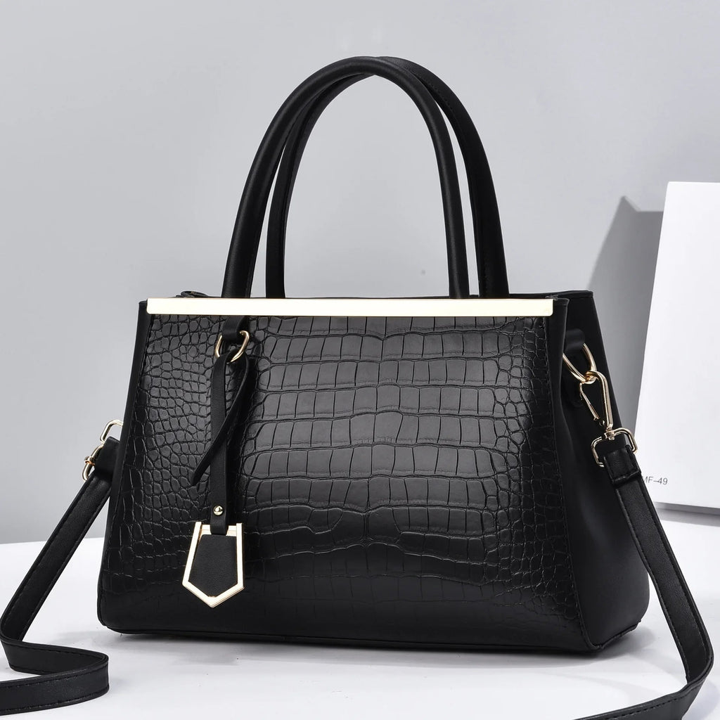 Women's Structured Satchel Handbag with Croc-Embossed Leather and Gold Hardware - Image 6