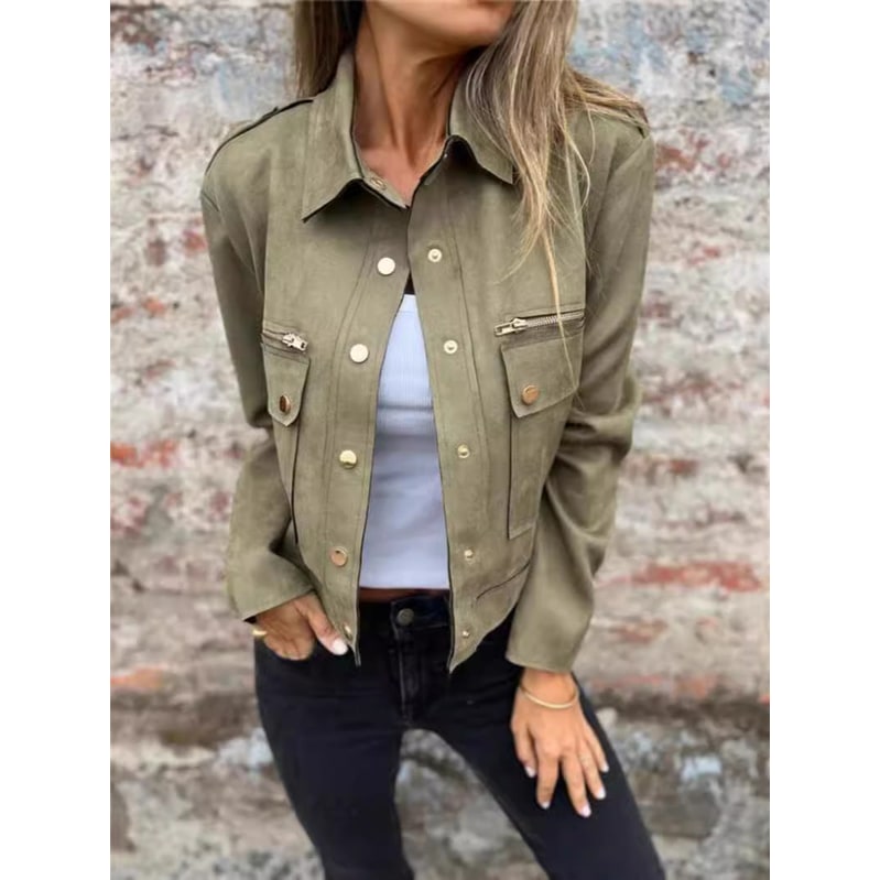Women's Suede Cropped Utility Jacket with Snap Buttons and Flap Pockets - Image 3