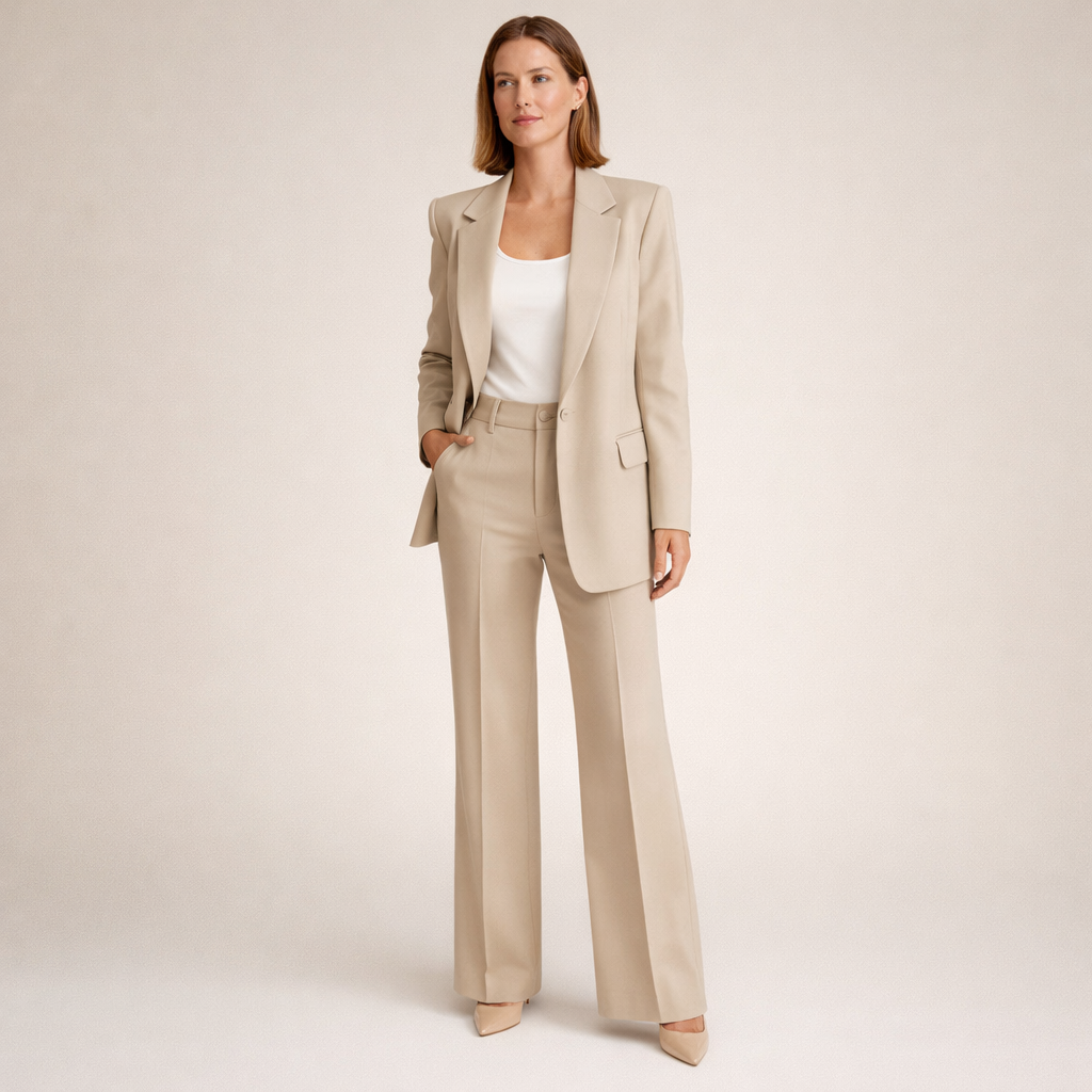 Women's Tailored Pantsuit Two Piece with Wide Leg Trousers and Notched Lapel Blazer - Image 1