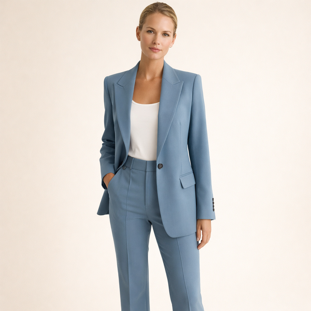 Women's Tailored Pantsuit Two Piece with Wide Leg Trousers and Notched Lapel Blazer - Image 10