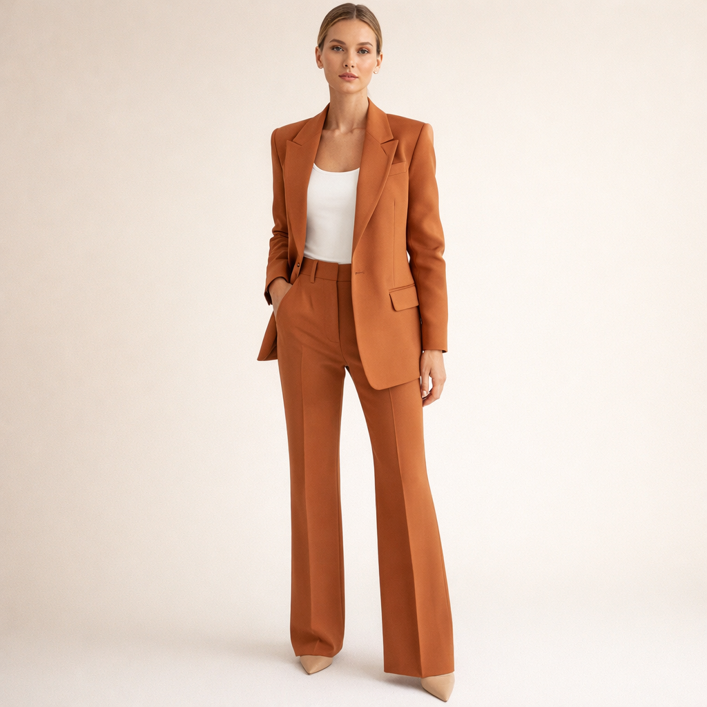 Women's Tailored Pantsuit Two Piece with Wide Leg Trousers and Notched Lapel Blazer - Image 16