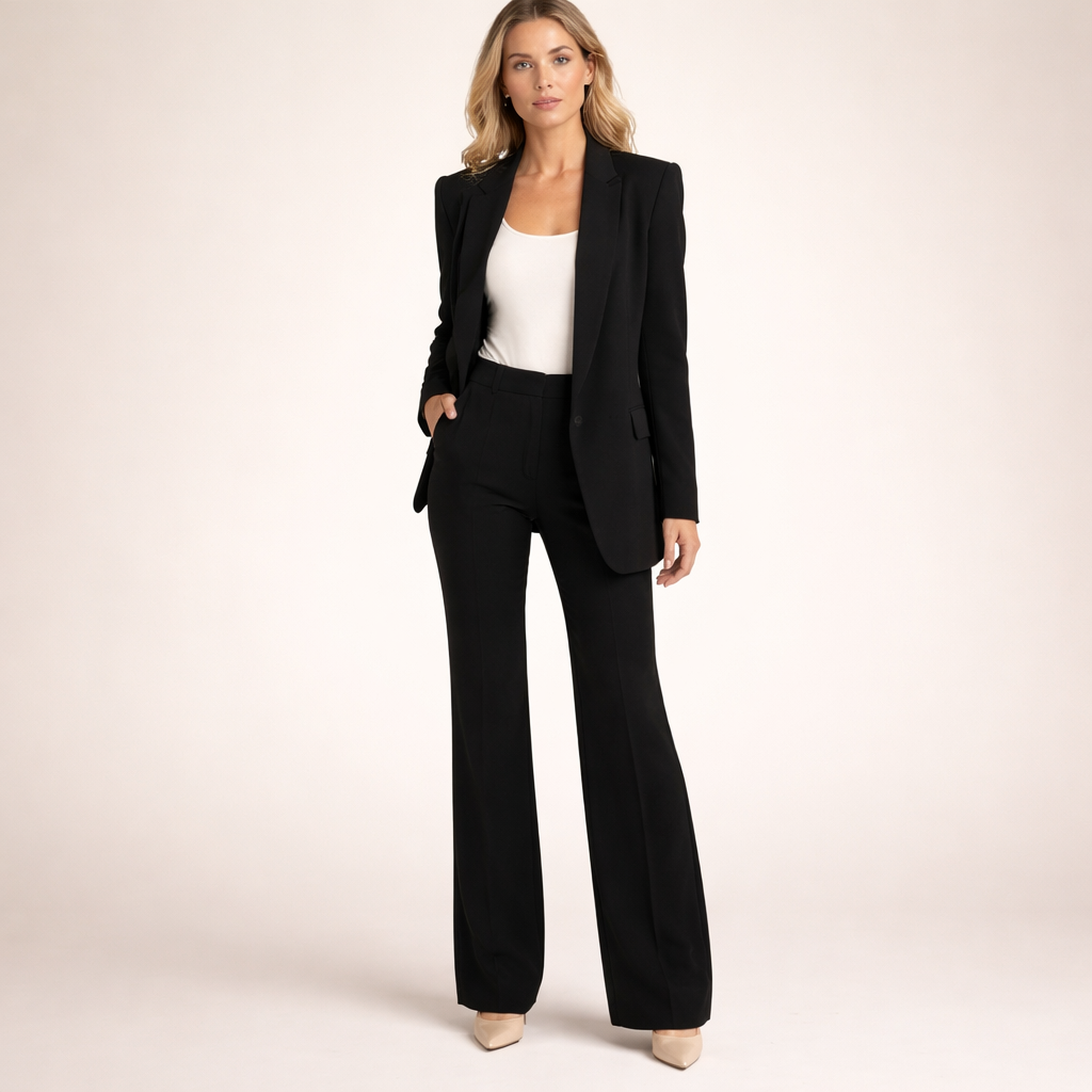 Women's Tailored Pantsuit Two Piece with Wide Leg Trousers and Notched Lapel Blazer - Image 4