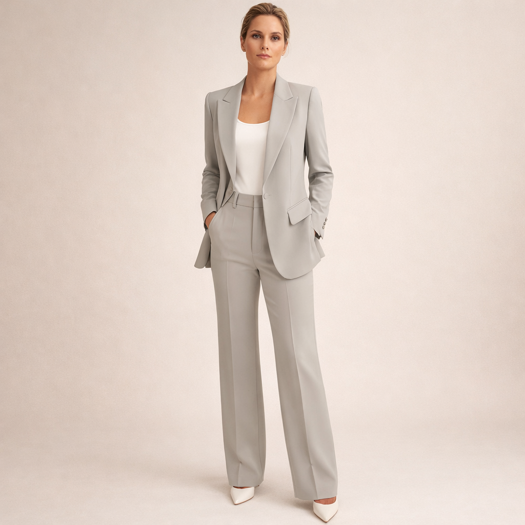 Women's Tailored Pantsuit Two Piece with Wide Leg Trousers and Notched Lapel Blazer - Image 7