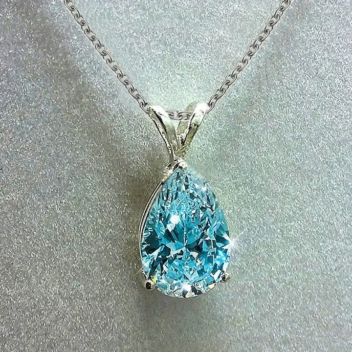 Women's Teardrop Blue Gemstone Pendant Necklace Silver Chain Four Prong - Image 1