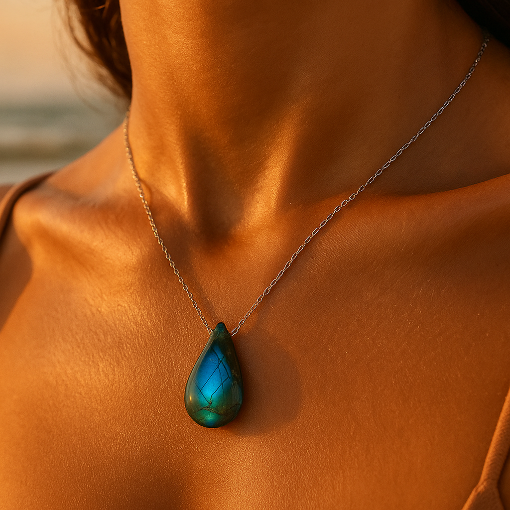 Women's Teardrop Labradorite Pendant Necklace Silver Chain - Image 3