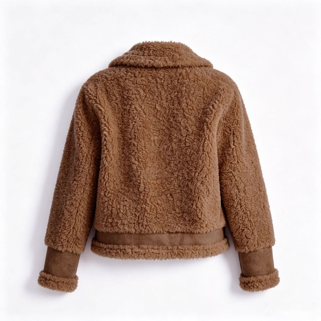 Women's Teddy Fleece Cropped Jacket with Faux Suede Trim and Notched Lapel - Image 2