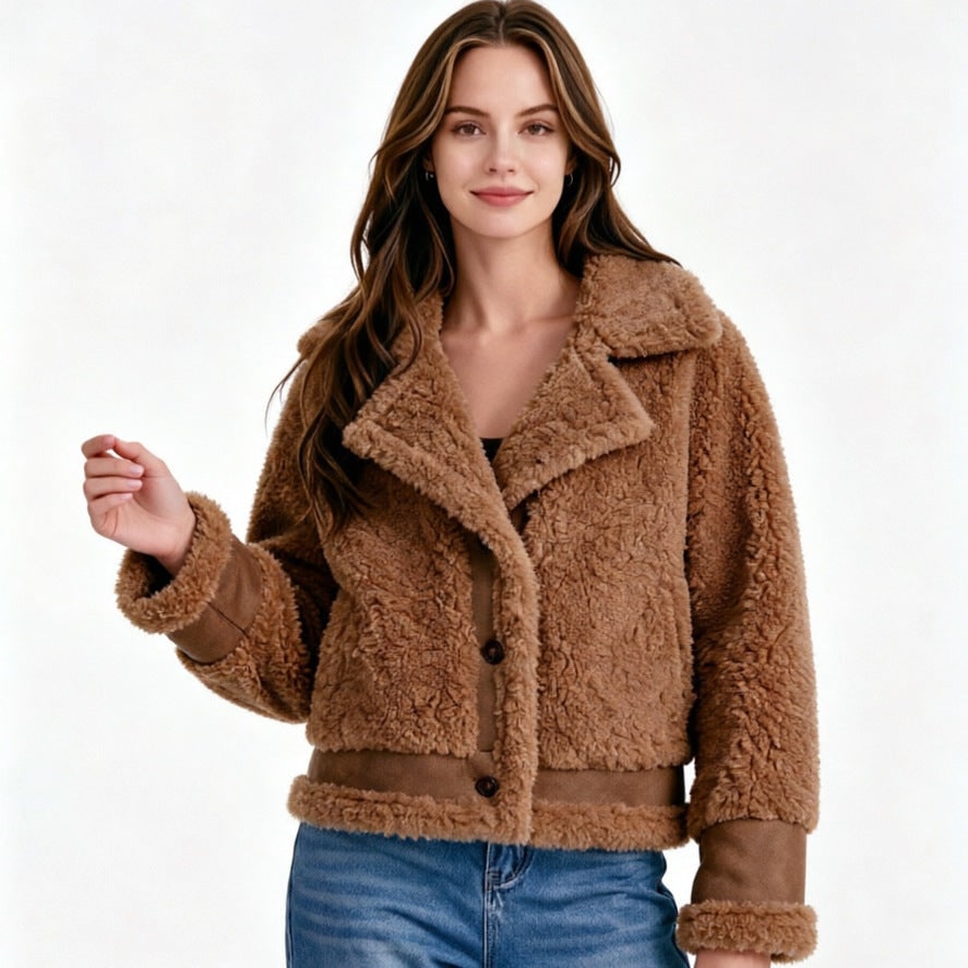 Women's Teddy Fleece Cropped Jacket with Faux Suede Trim and Notched Lapel - Image 3