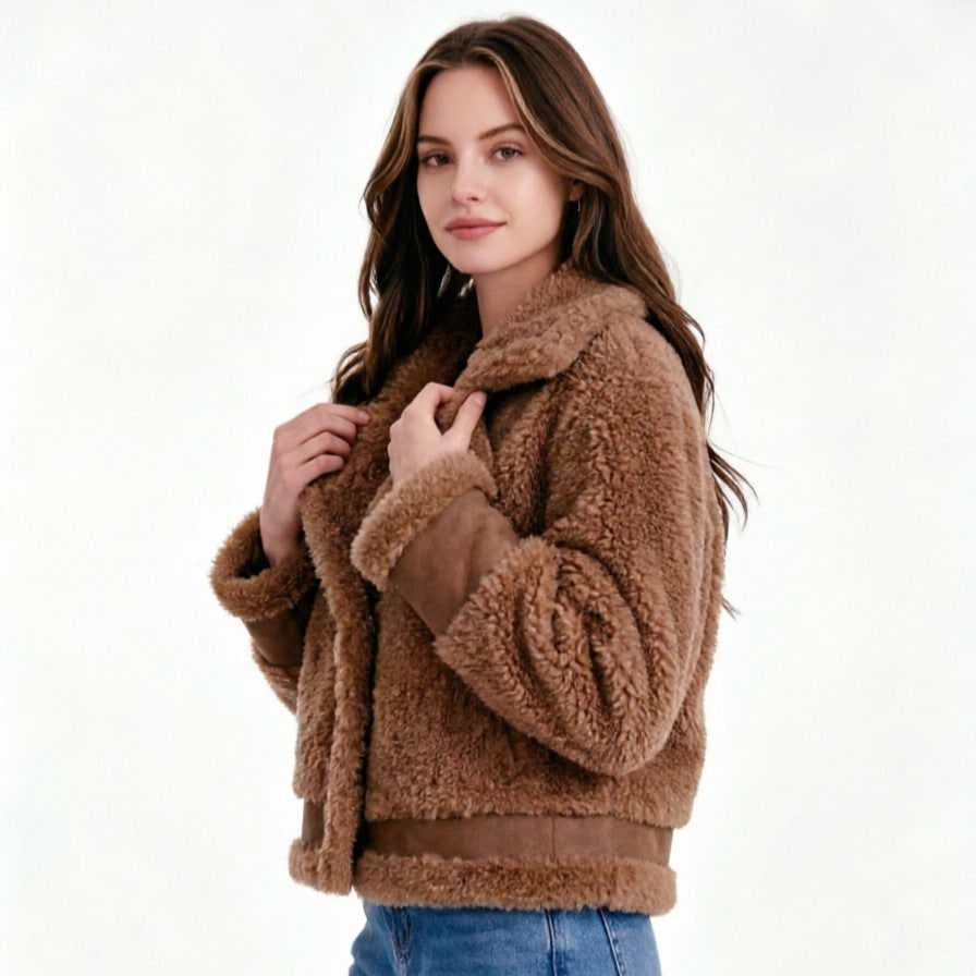 Women's Teddy Fleece Cropped Jacket with Faux Suede Trim and Notched Lapel - Image 4