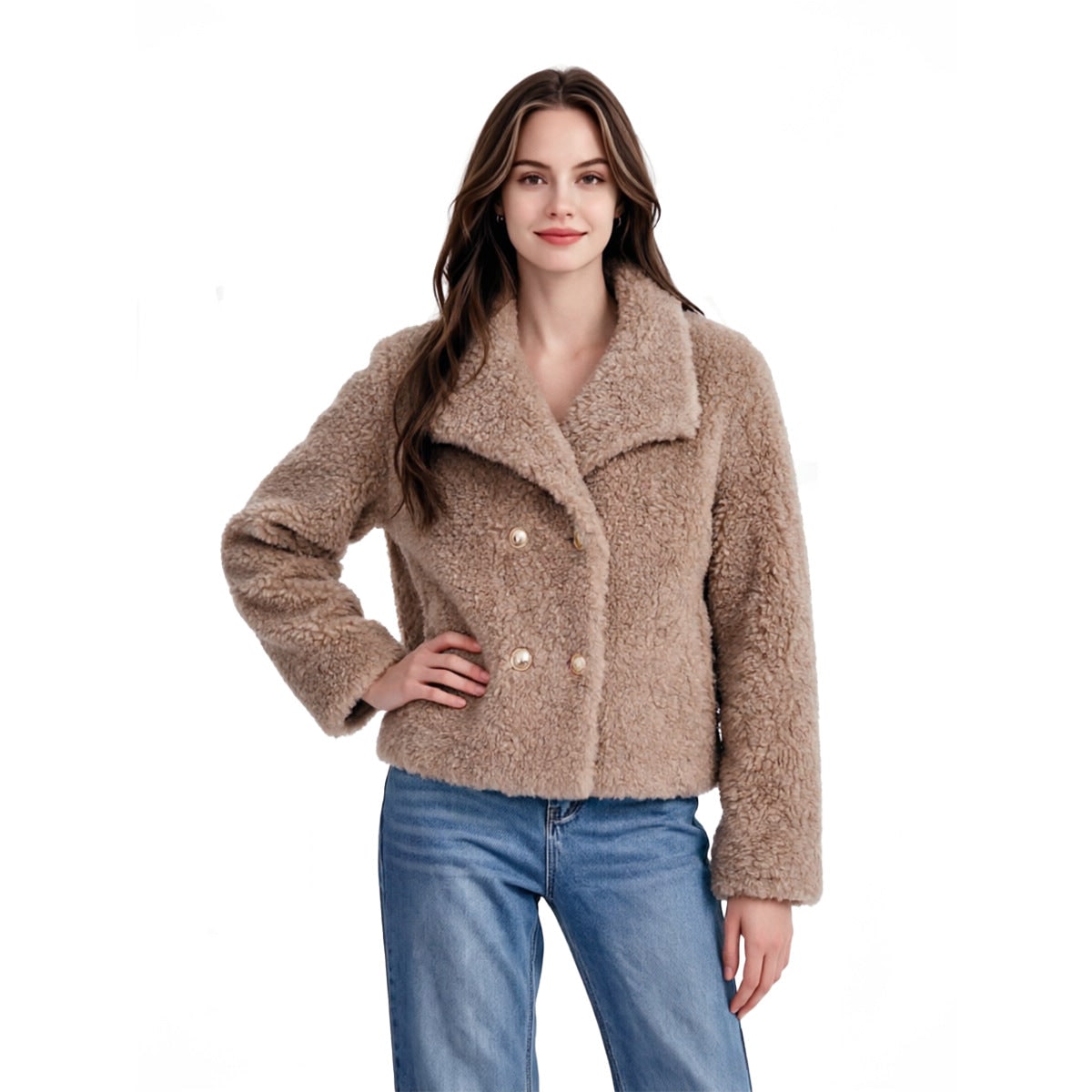 Women's Teddy Fleece Jacket Faux Fur Cropped with Double Breasted Gold Buttons - Image 1