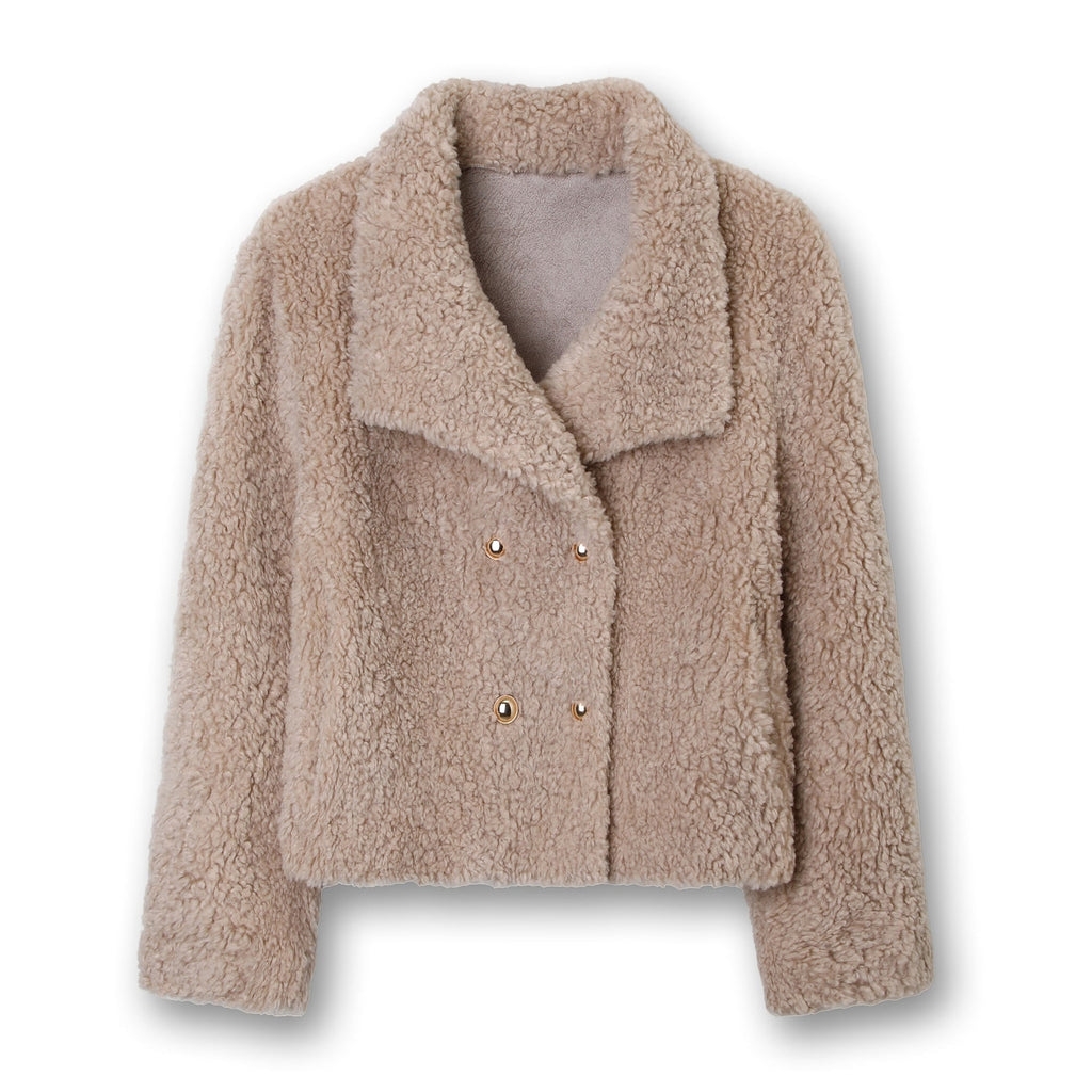 Women's Teddy Fleece Jacket Faux Fur Cropped with Double Breasted Gold Buttons - Image 3