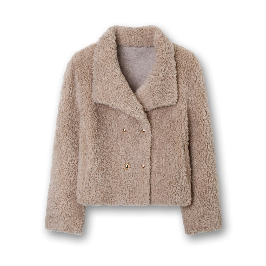 Women's Teddy Fleece Jacket Faux Fur Cropped with Double Breasted Gold Buttons - Image 5