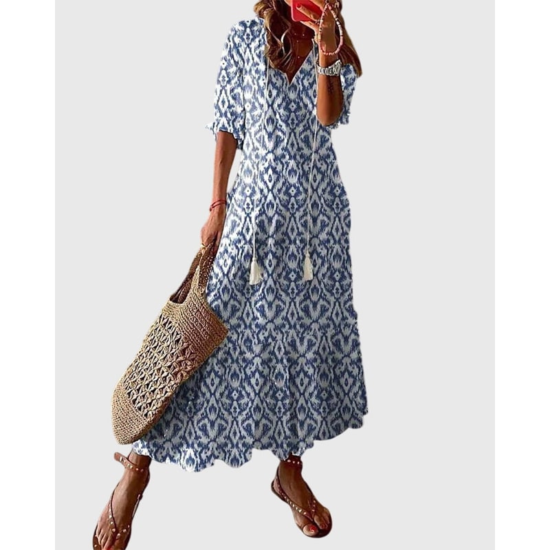 Women's Tiered Boho Maxi Dress Summer Flowy | V-Neck Tassel Tie - Image 1