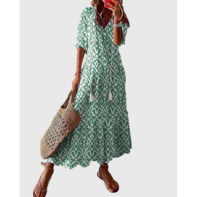 Women's Tiered Boho Maxi Dress Summer Flowy | V-Neck Tassel Tie - Image 2