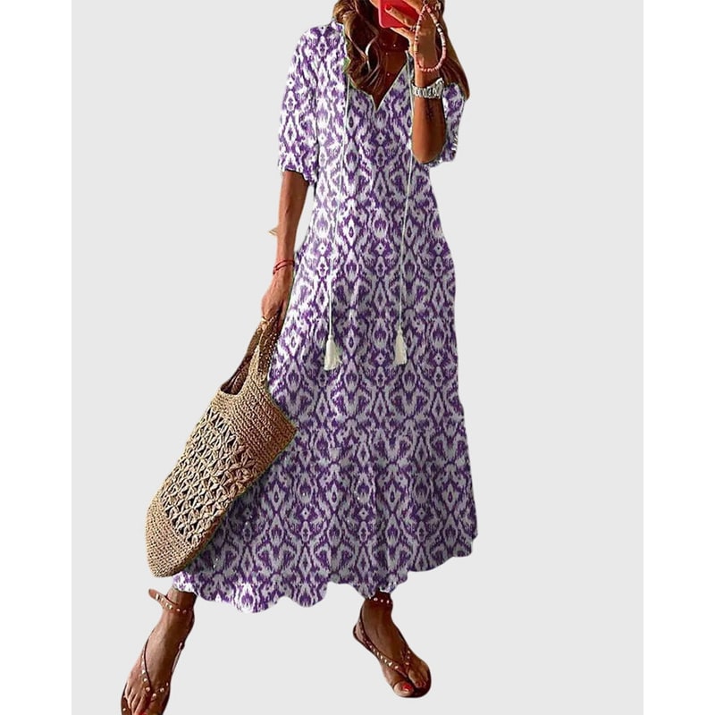 Women's Tiered Boho Maxi Dress Summer Flowy | V-Neck Tassel Tie - Image 3