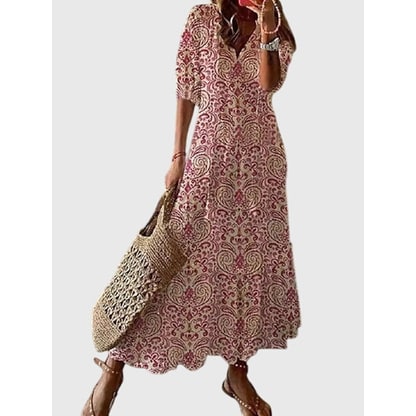 Women's Tiered Boho Maxi Dress Summer Flowy | V-Neck Tassel Tie - Image 4