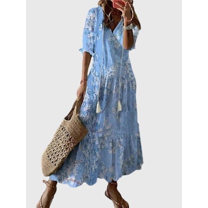 Women's Tiered Boho Maxi Dress Summer Flowy | V-Neck Tassel Tie - Image 5