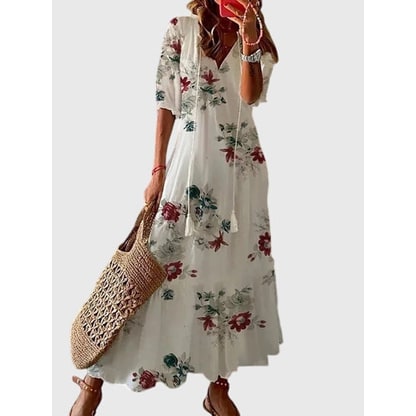 Women's Tiered Boho Maxi Dress Summer Flowy | V-Neck Tassel Tie - Image 6