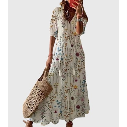 Women's Tiered Boho Maxi Dress Summer Flowy | V-Neck Tassel Tie - Image 7