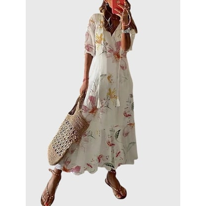 Women's Tiered Boho Maxi Dress Summer Flowy | V-Neck Tassel Tie - Image 8