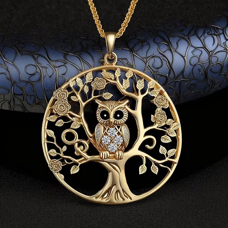 Women's Tree of Life Owl Pendant Necklace Rhinestone Crystal - Image 1