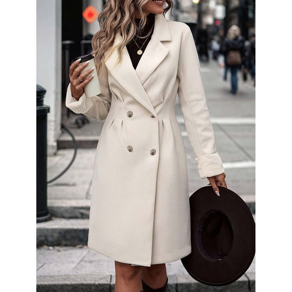 Women's Trench Dress Coat Double Breasted with Notched Lapel and Sherpa Cuffs - Image 1